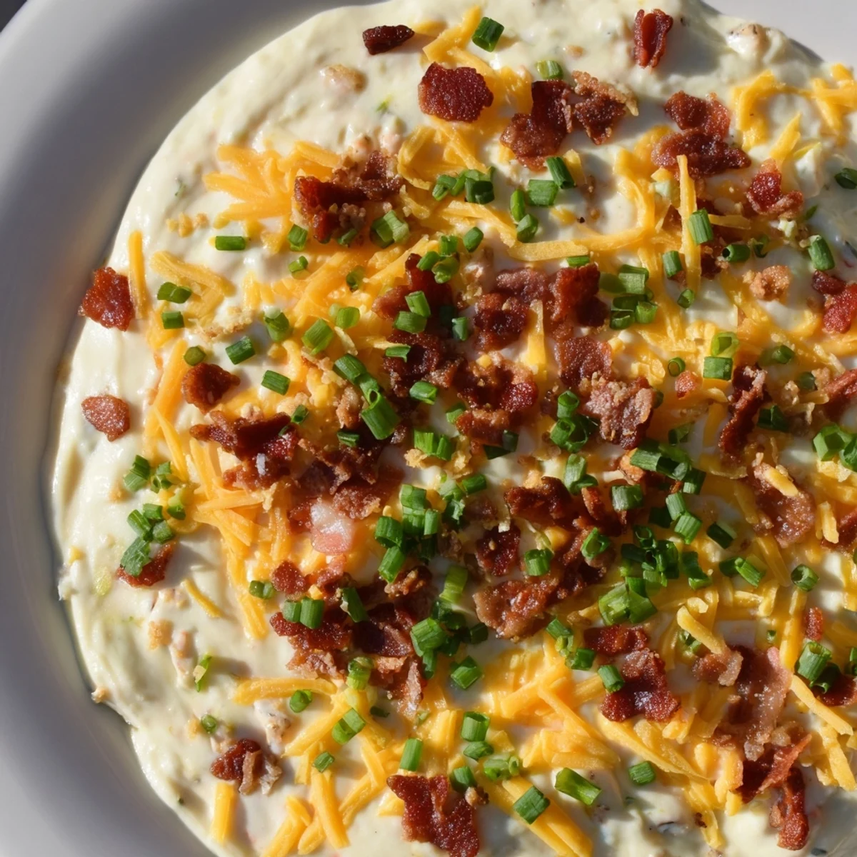 Cheesy, cold Super Bowl Loaded Baked Potato Dip garnished with green onions and bacon bits for a game day snack.