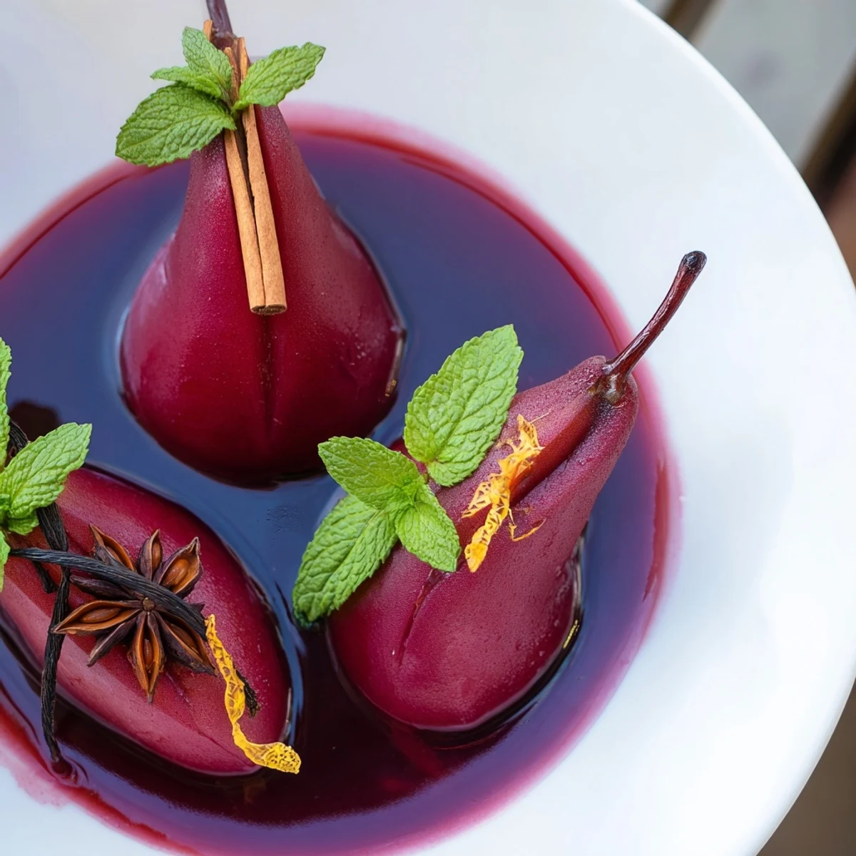 Elegant Romantic Poached Pears in Grape Juice served warm with syrup, star anise, and a dollop of vanilla ice cream.
