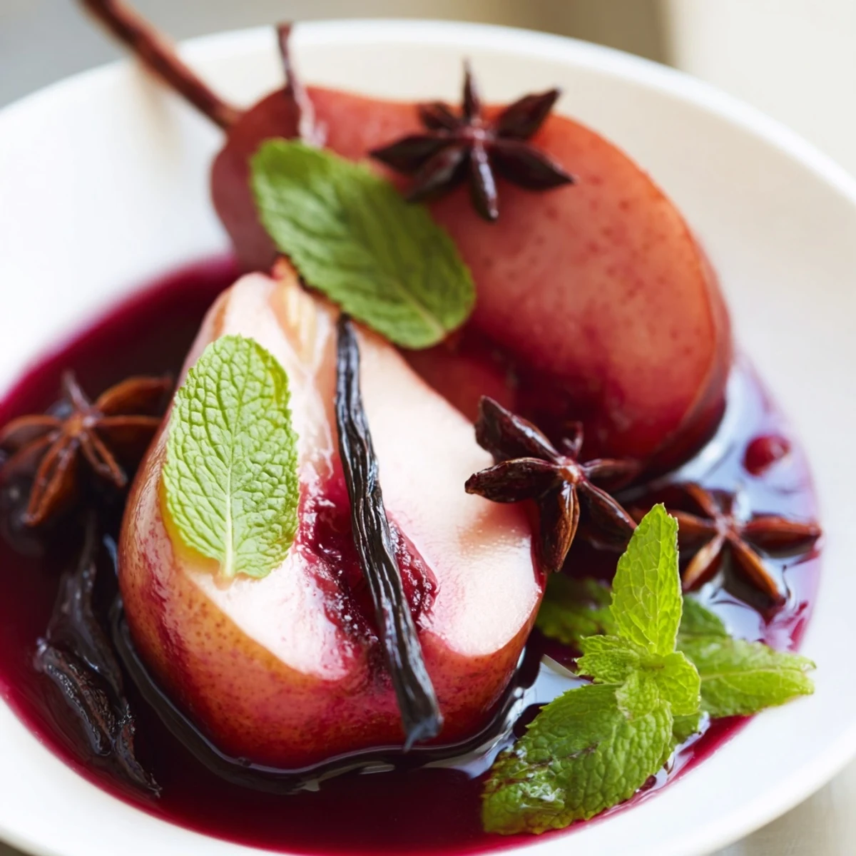 Close-up of Romantic Poached Pears in Grape Juice showing tender texture and glossy purple syrup, ready for a romantic dinner.