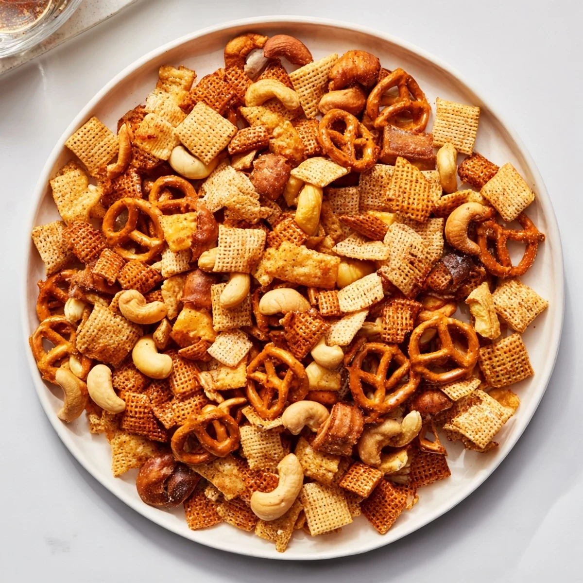 A close-up of Super Bowl Snack Mix with Nuts and Pretzels, golden-brown from the oven, scattered on a parchment-lined baking sheet.