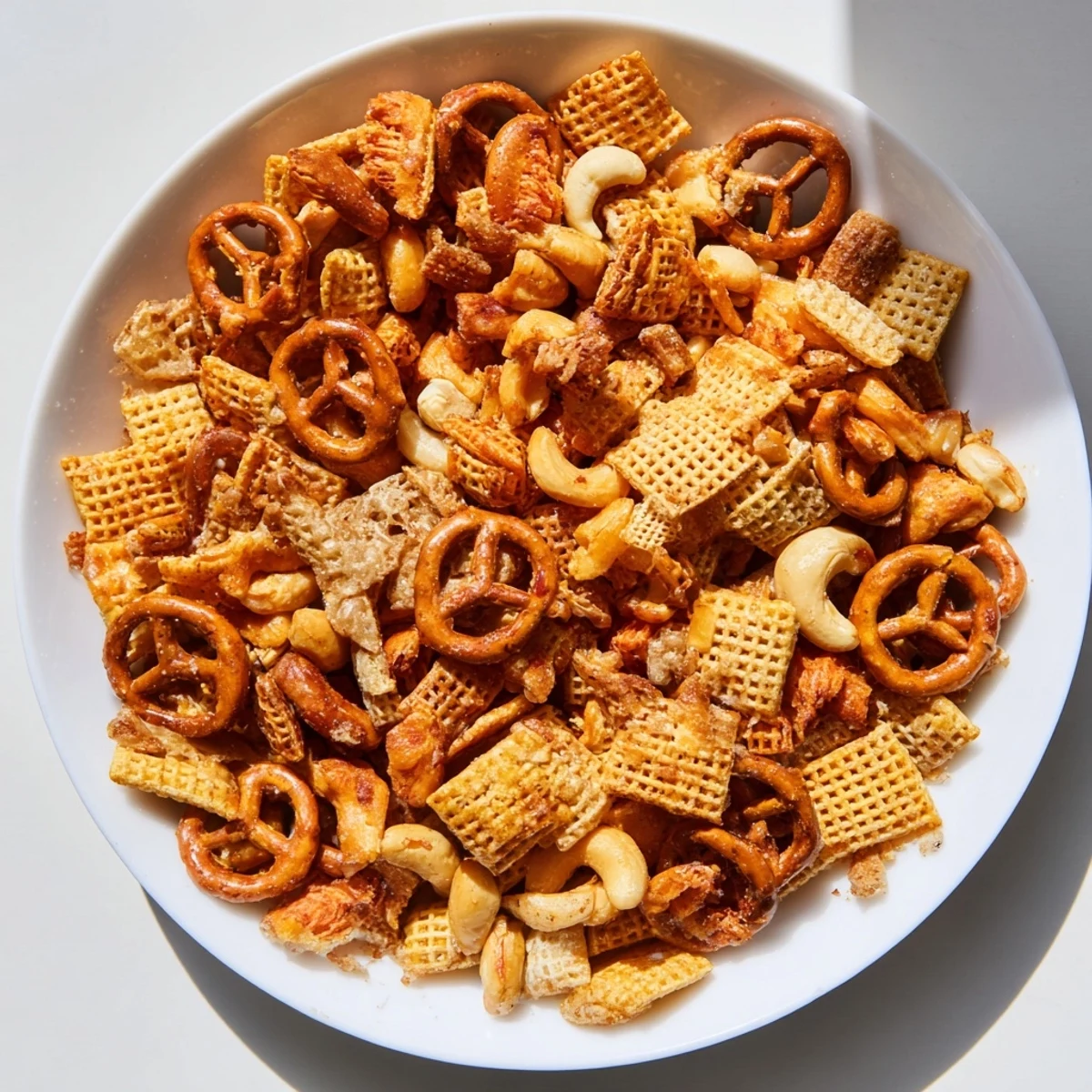 Super Bowl Snack Mix with Nuts and Pretzels in a serving bowl, ready for guests with cold beer and sparkling water on the side.