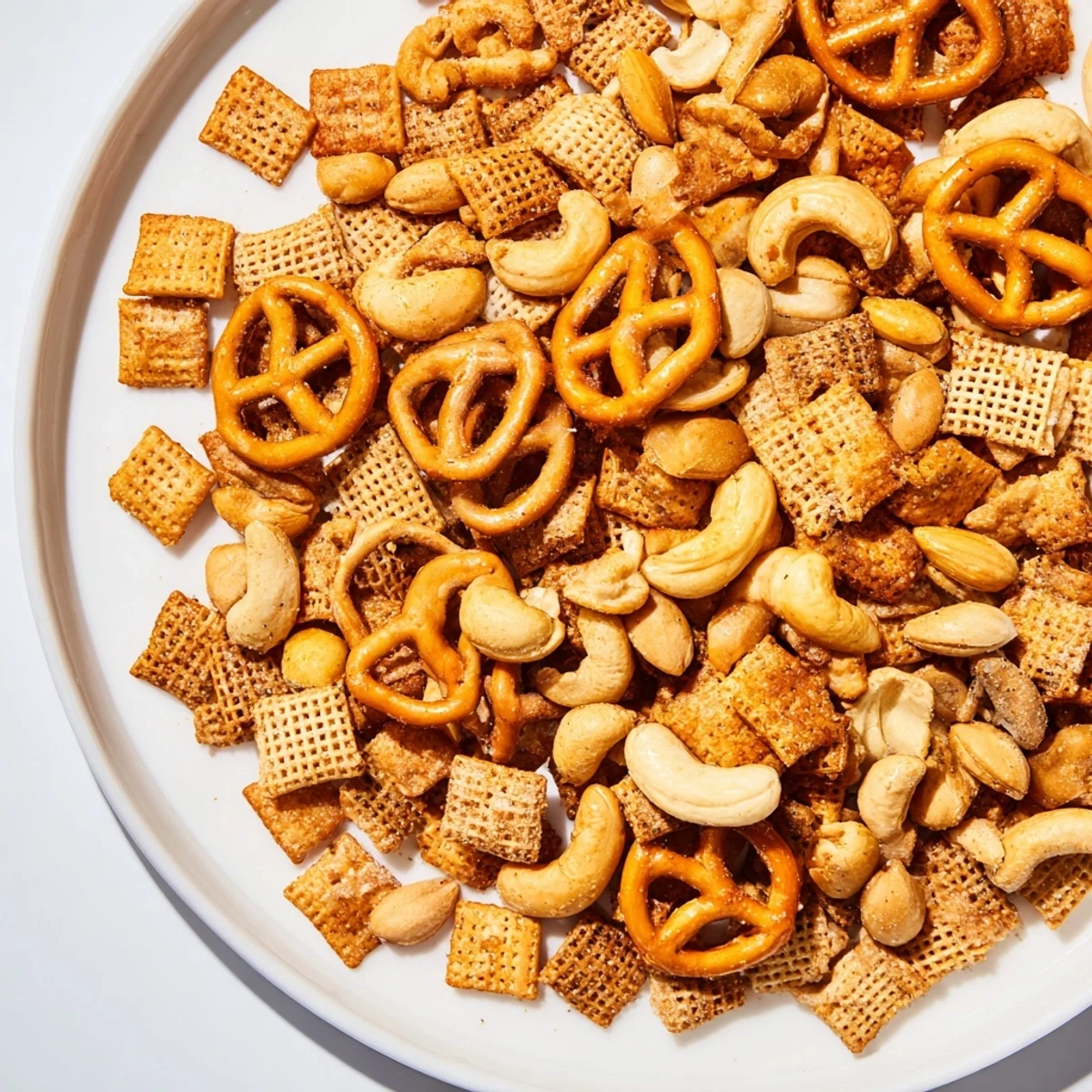 A large bowl of Super Bowl Snack Mix with Nuts and Pretzels, featuring roasted peanuts, cashews, pretzels, and cheesy crackers for game day.