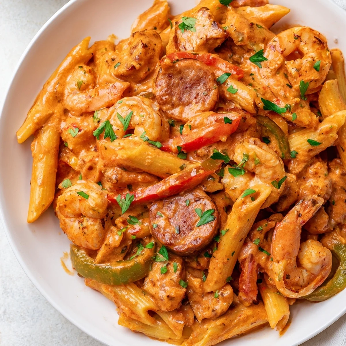 A close-up of Spicy Jambalaya Pasta with Chicken and Shrimp, featuring penne coated in a rich, creamy red sauce with chunks of meat and seafood.