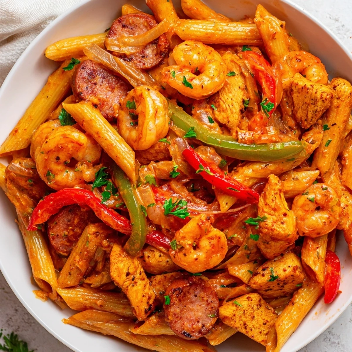 A vibrant skillet meal of Spicy Jambalaya Pasta with Chicken and Shrimp, showcasing bell peppers, onions, and andouille sausage in a bold Creole sauce.