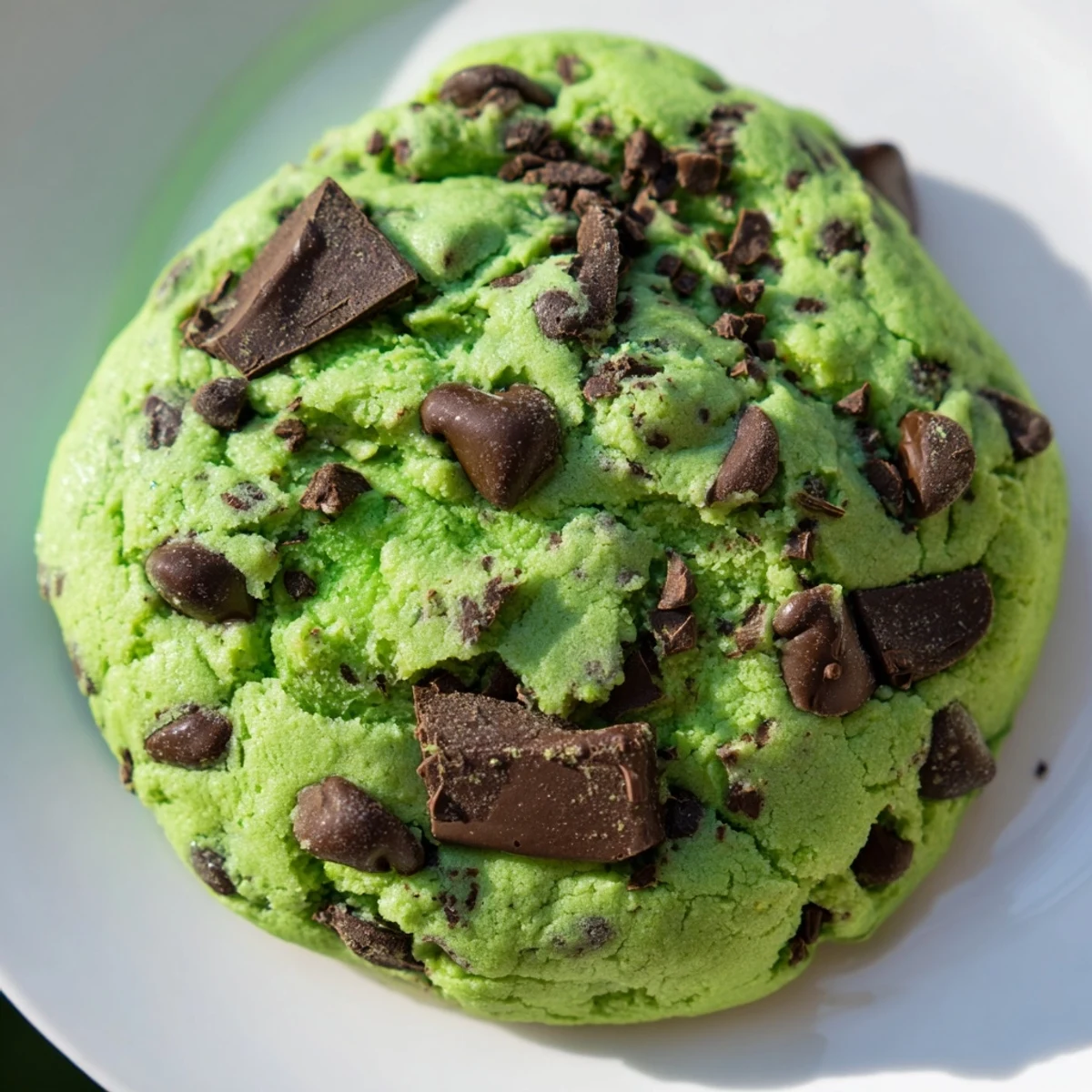 Freshly baked Mint Chocolate Chip Cookies with green dough, studded with chocolate chips and served warm on a wire rack for a festive dessert treat.