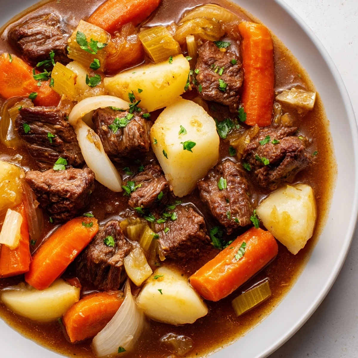 A close-up of Savory Beef Stew with Root Vegetables bubbling in a rustic pot, featuring tender beef chunks and vibrant carrots and potatoes glistening in a rich broth.