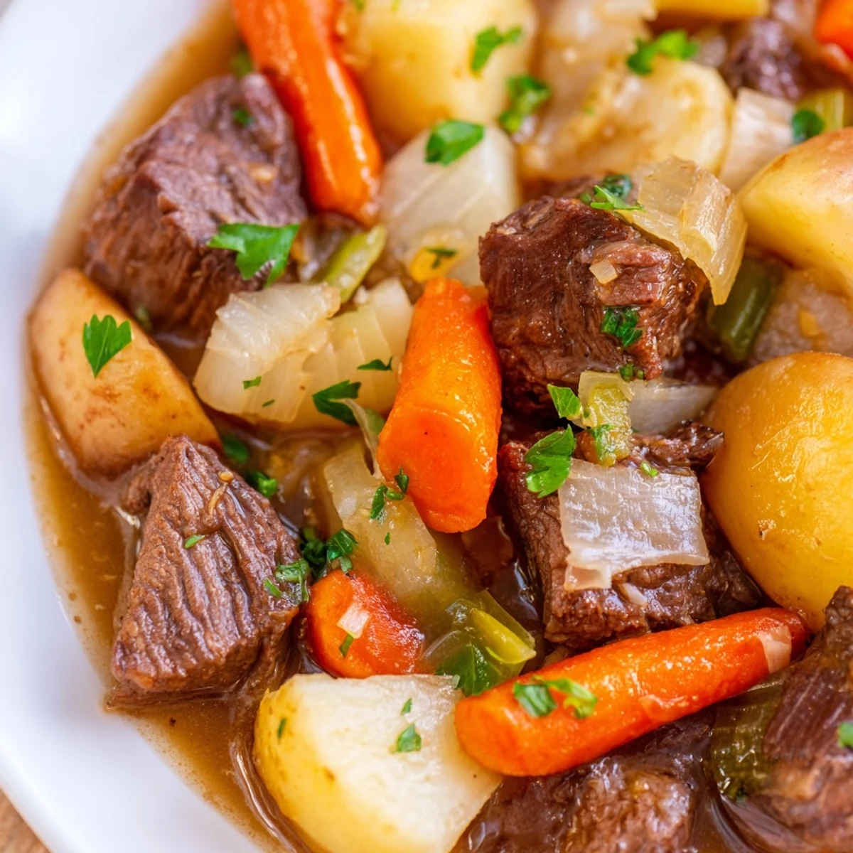A hearty bowl of Savory Beef Stew with Root Vegetables served with a side of crusty bread, steaming with savory aromas and garnished with fresh parsley.