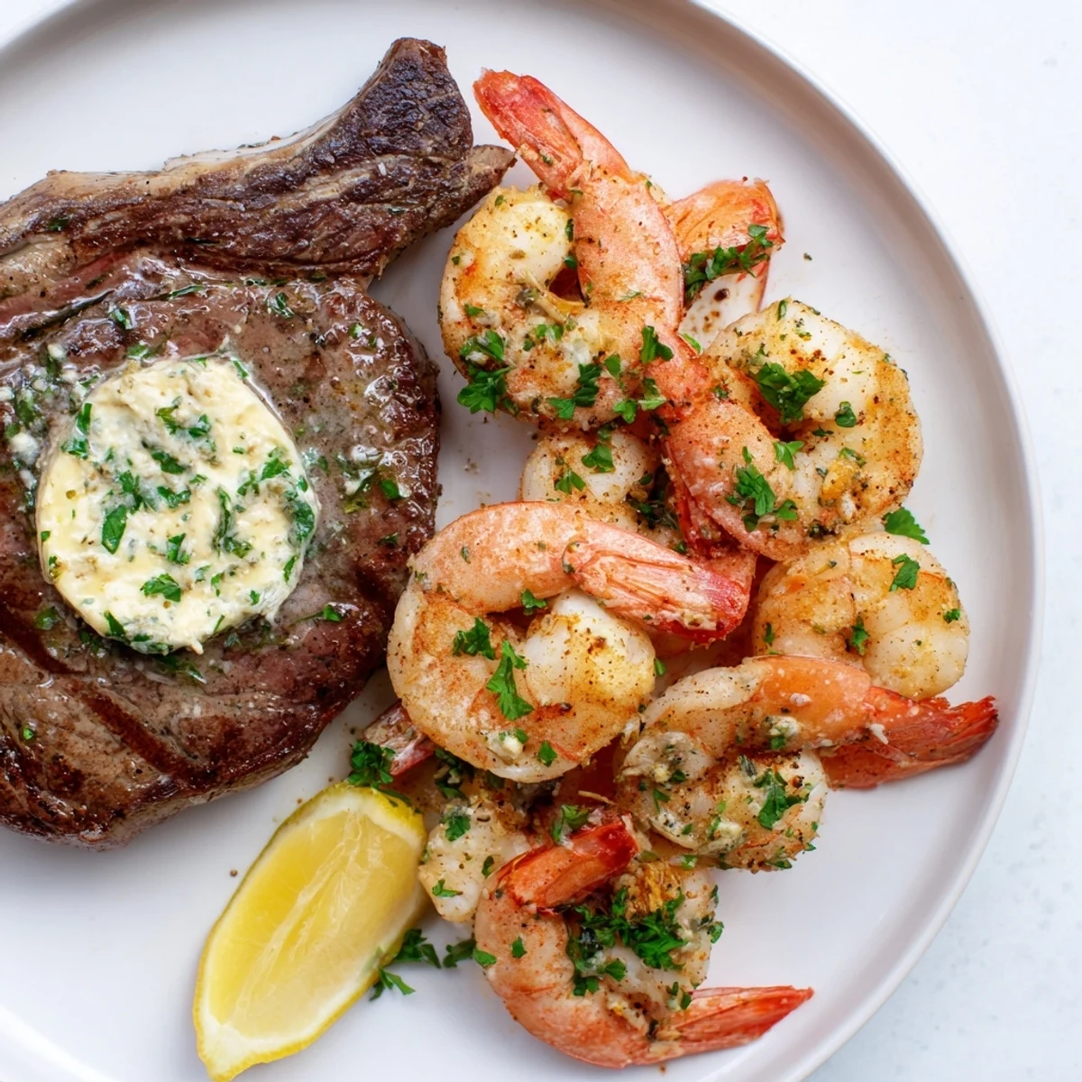 Sizzling ribeye steak and plump shrimp glisten with garlic herb butter, paired with lemon wedges and parsley on a rustic plate for a luxurious dinner.