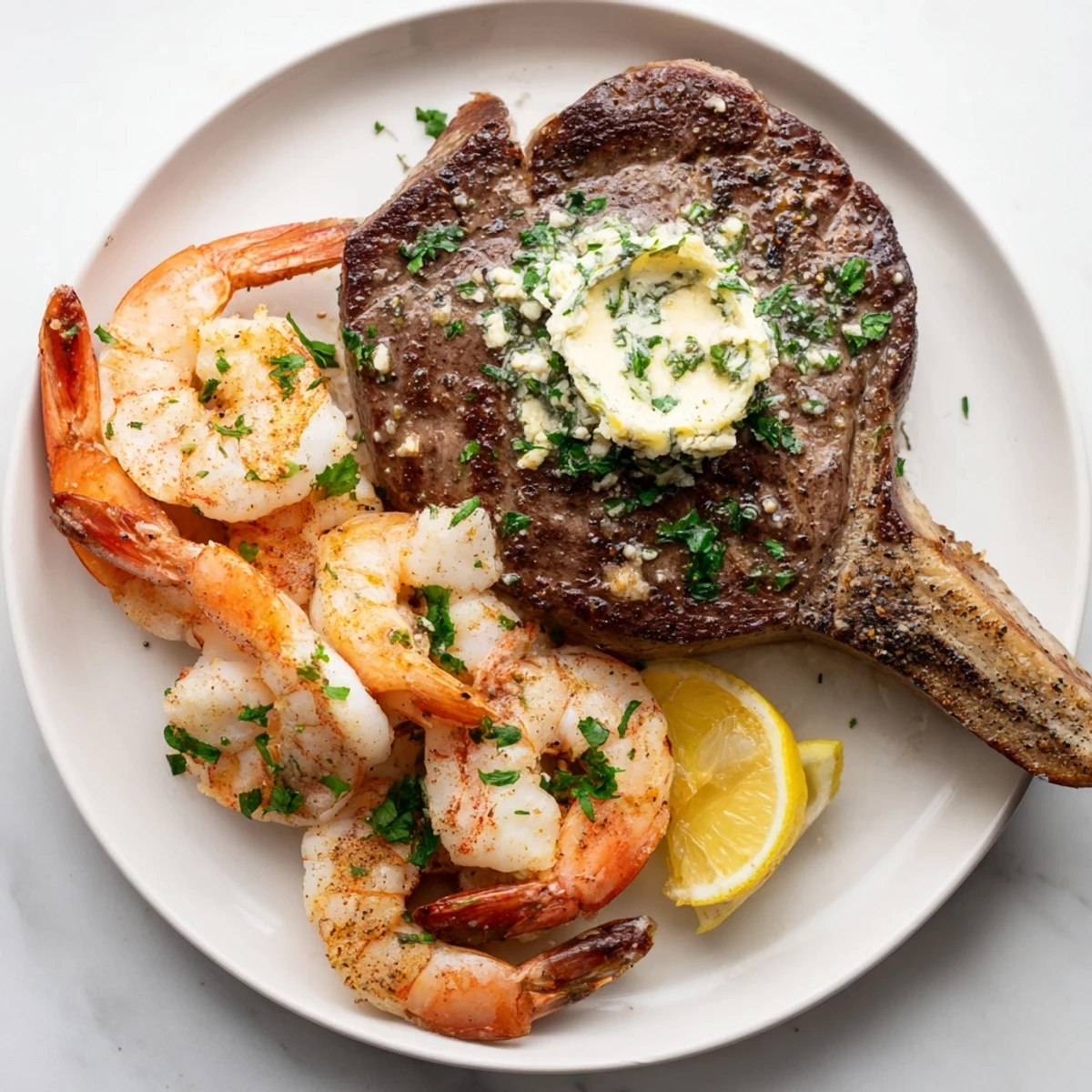 Juicy steak and tender shrimp showcase a golden crust, garnished with fresh parsley and lemon, ideal for an indulgent gluten-free dinner for two.