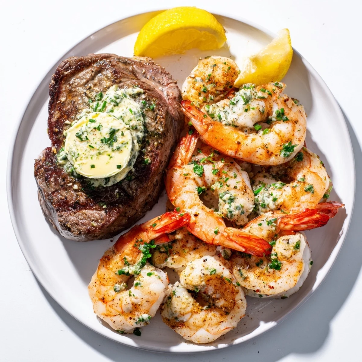 Two perfectly seared steaks sit beside pink shrimp, drizzled with herb butter and bright lemon juice, ready for a celebratory surf and turf meal.