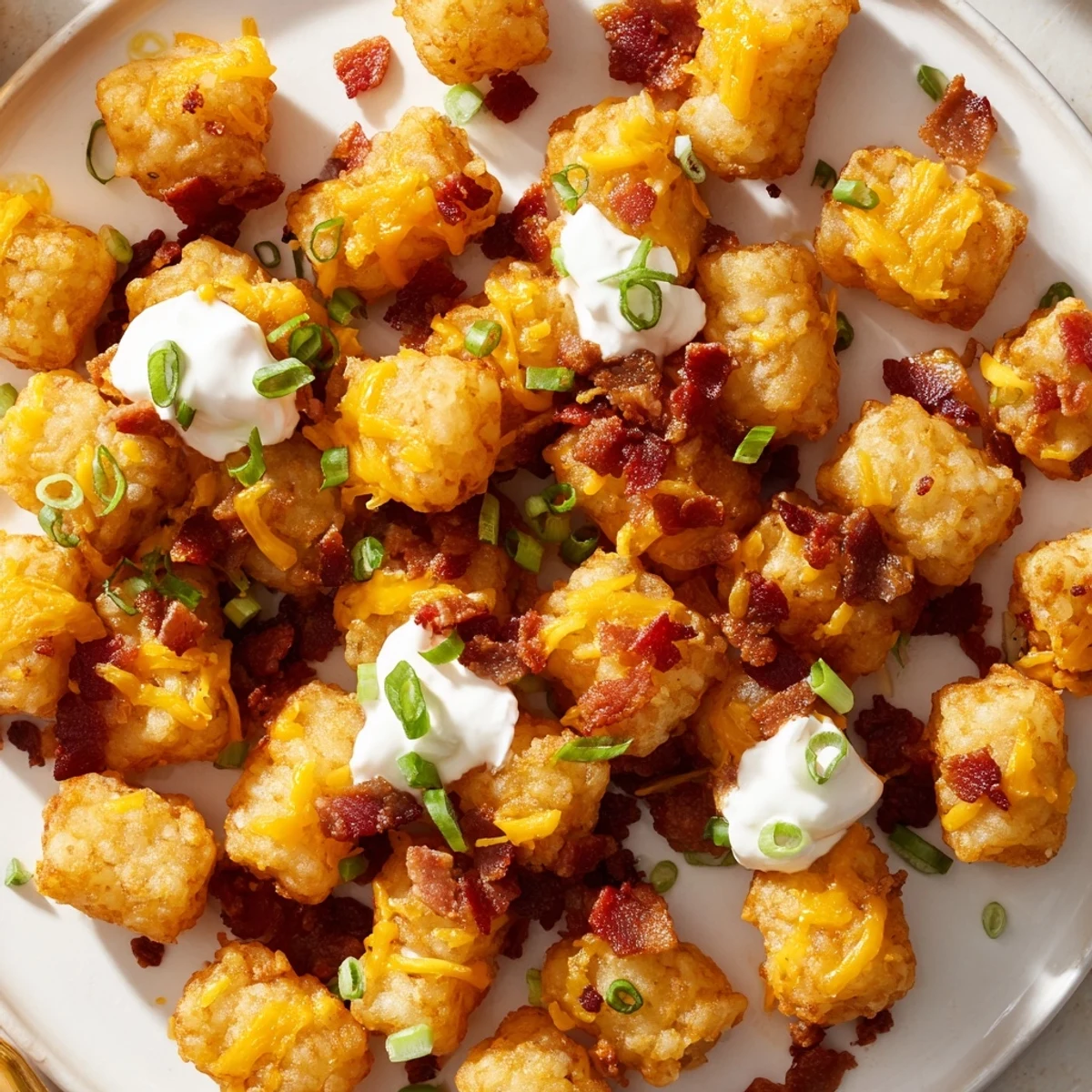 Crispy Loaded Tater Tots with Cheese and Beef Bacon Bits topped with melted cheddar, sour cream, and fresh green onions.