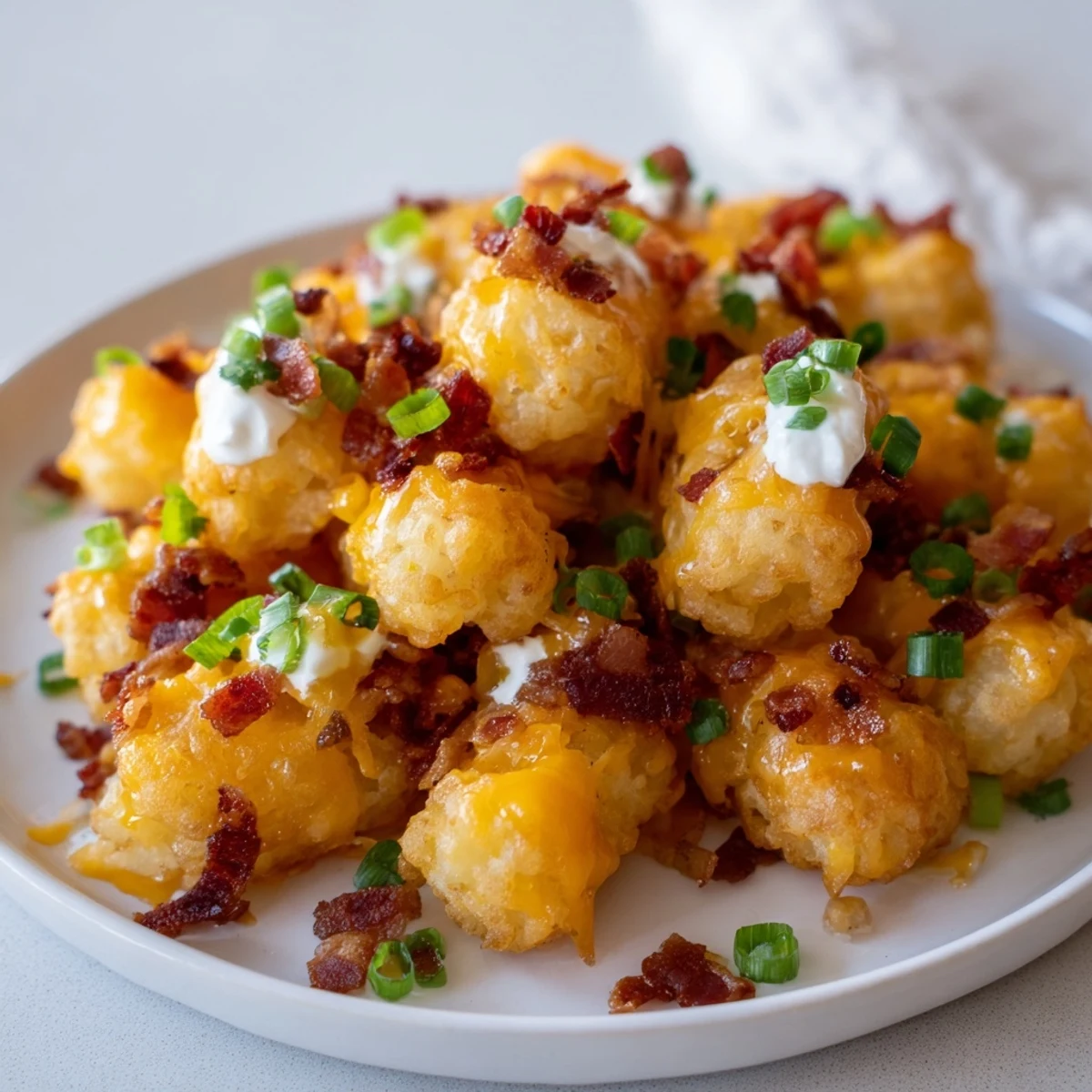 Golden Loaded Tater Tots with Cheese and Beef Bacon Bits served hot on a platter, perfect for game day snacking.