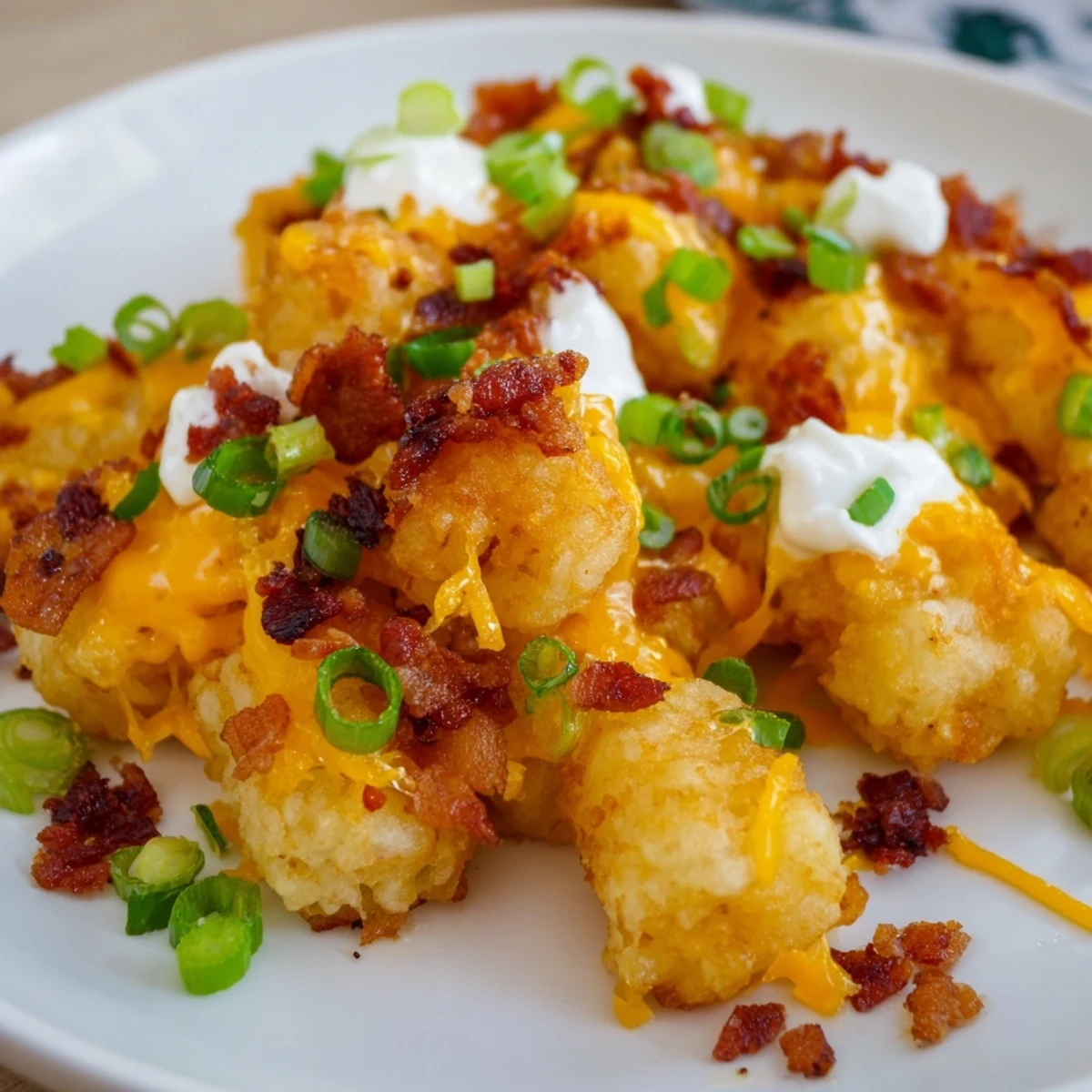 A close-up of Loaded Tater Tots with Cheese and Beef Bacon Bits, showcasing gooey cheese and savory beef bacon garnish.