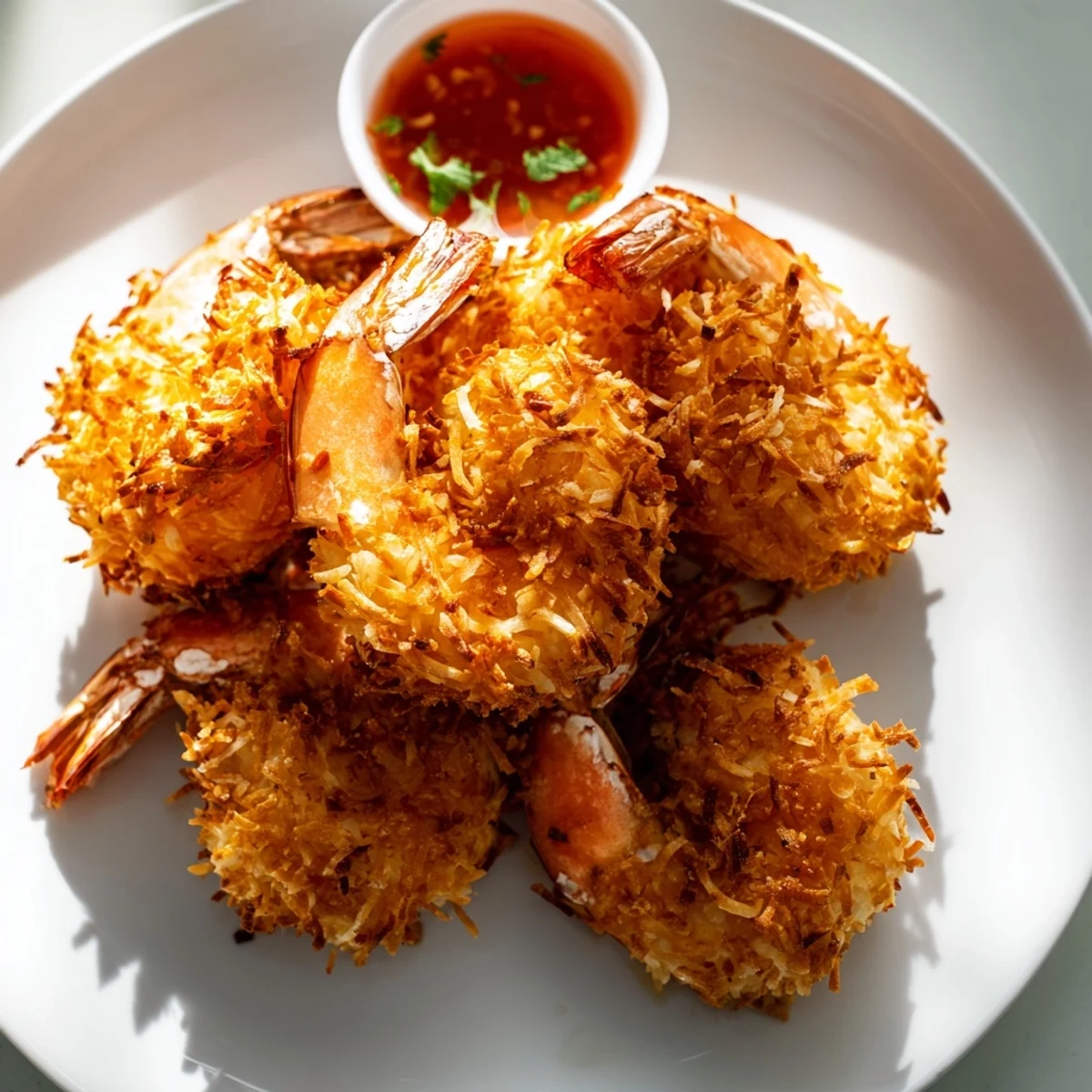 Crispy Coconut Shrimp with Sweet Chili Sauce sits atop a bed of shredded lettuce beside a small bowl of tangy dipping sauce.
