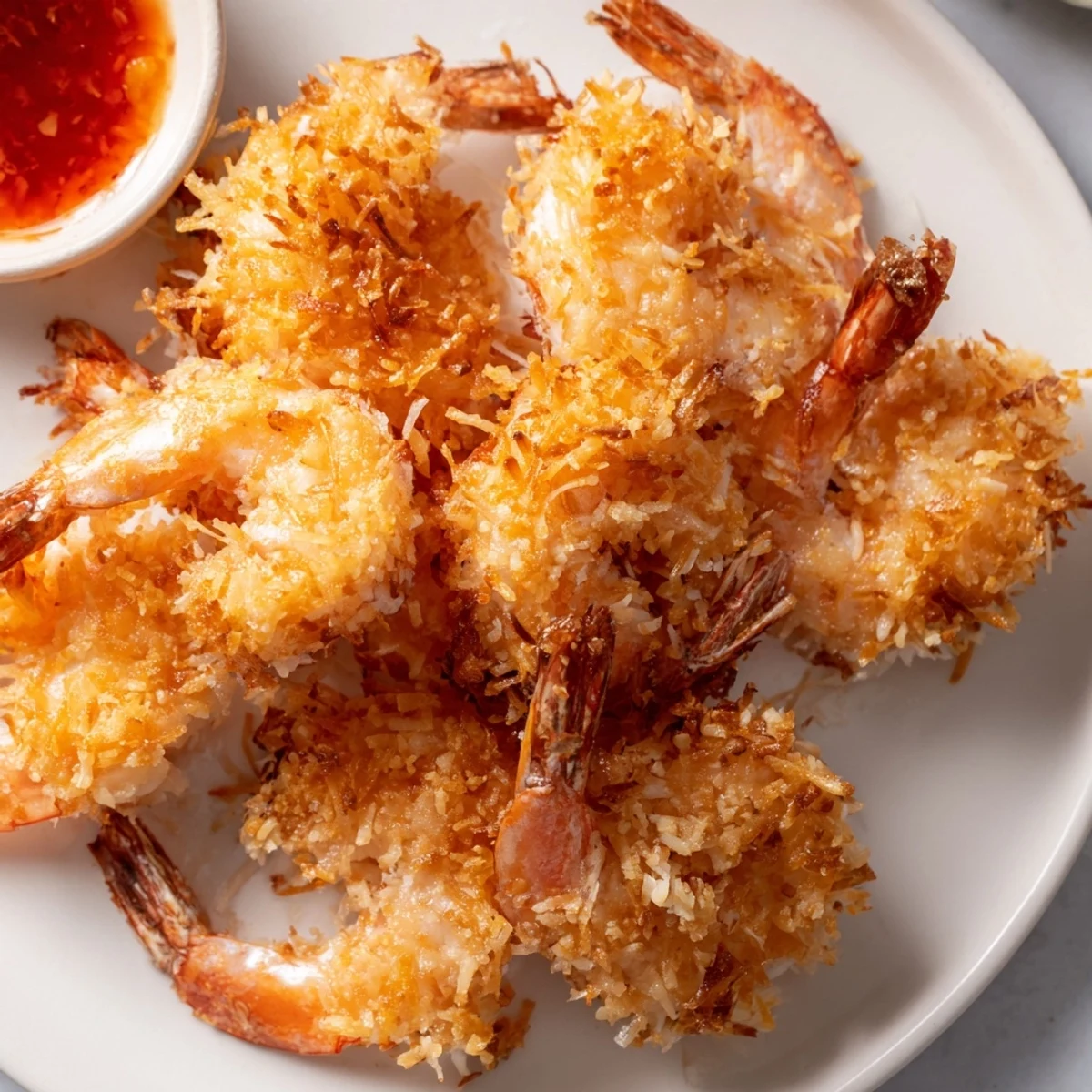Juicy shrimp in a crunchy coconut crust, Crispy Coconut Shrimp with Sweet Chili Sauce, paired with a creamy sweet chili dipping sauce.