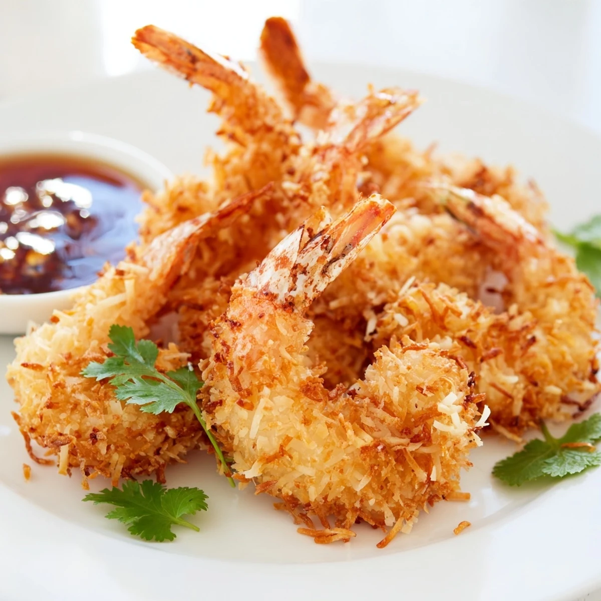 Golden brown Crispy Coconut Shrimp with Sweet Chili Sauce are arranged on a plate with lime wedges for a bright, citrusy garnish.