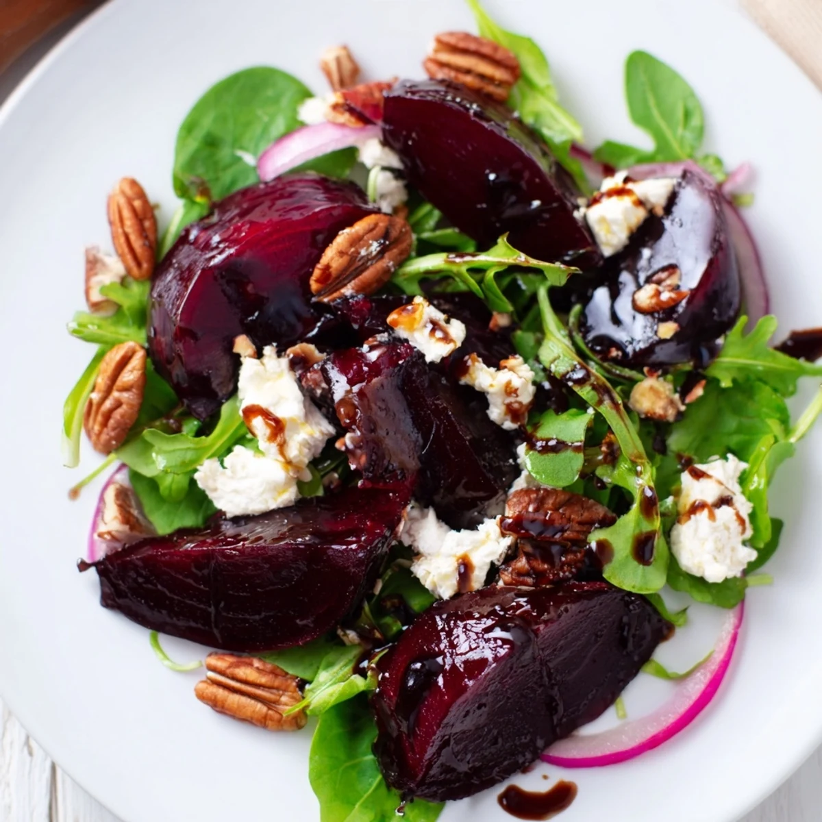 A vibrant Roasted Beet and Goat Cheese Salad with Pecans showcases ruby-red beet wedges and creamy crumbles on fresh greens.  