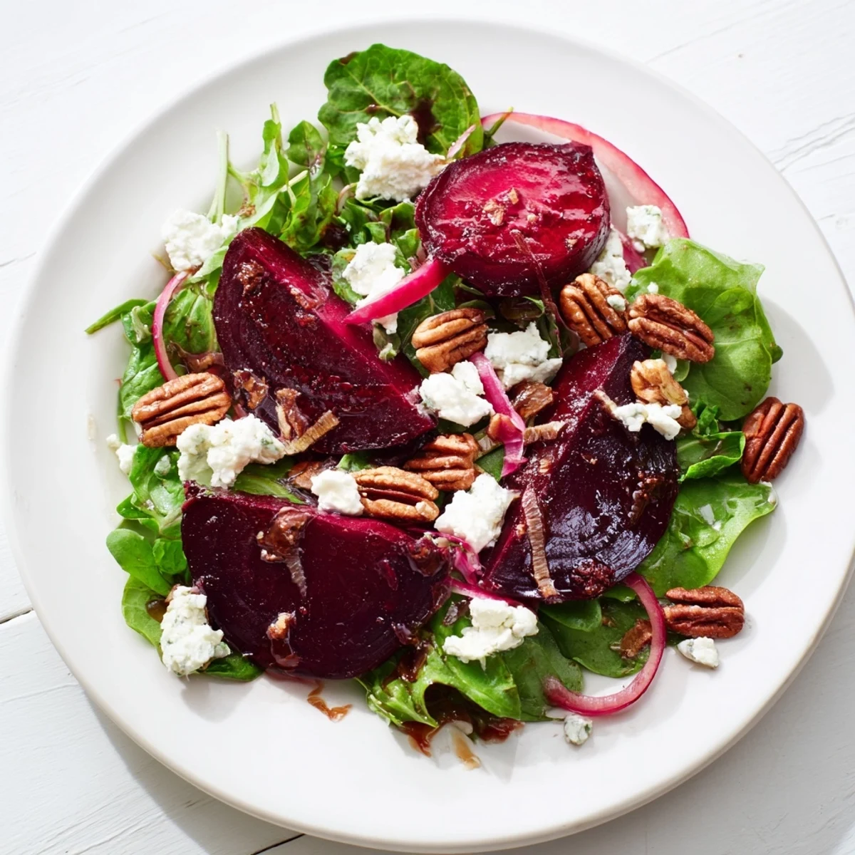 Overhead view of Roasted Beet and Goat Cheese Salad with Pecans, featuring caramelized beets, toasty nuts, and a glossy dressing.
