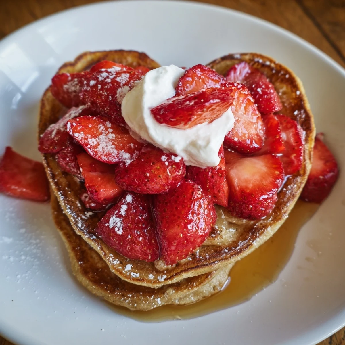 Fluffy heart-shaped Valentine Breakfast Pancakes with strawberries and maple syrup on a white plate.  