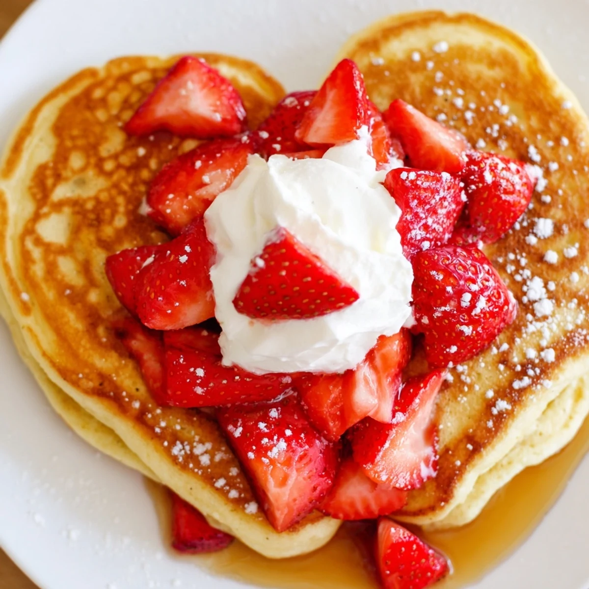 Sweet macerated strawberries topping golden brown Valentine Breakfast Pancakes served with whipped cream.  