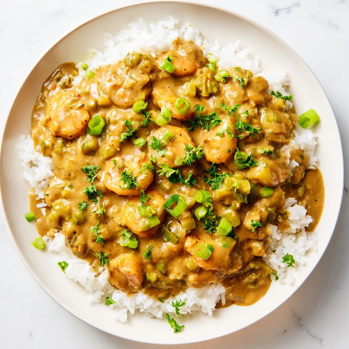 Creamy crawfish étouffée served over fluffy white rice, garnished with fresh parsley and green onions.  