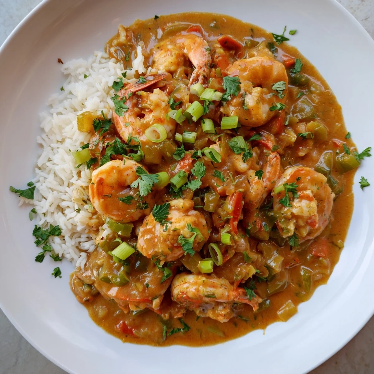 Hearty Louisiana Creole crawfish étouffée simmering in rich roux sauce, ladled beside fluffy white rice.  