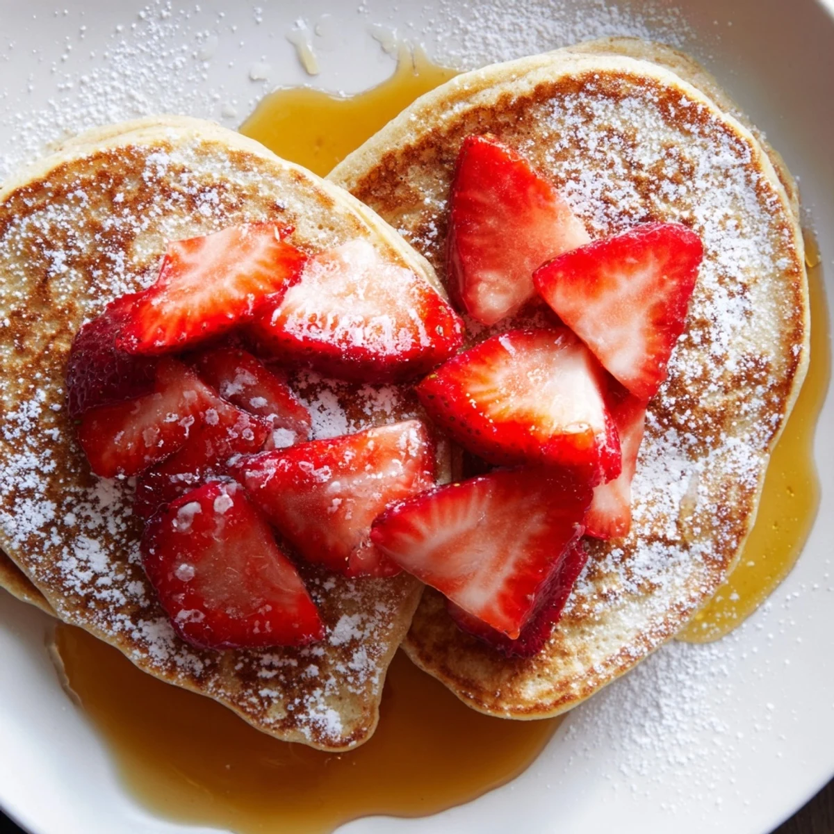 Golden, heart-shaped Valentine Breakfast Pancakes topped with fresh sliced strawberries and a drizzle of maple syrup.