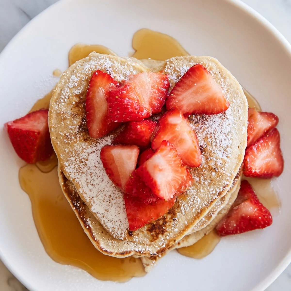 Stack of fluffy Valentine Breakfast Pancakes with strawberries and powdered sugar, served on a white plate for brunch.
