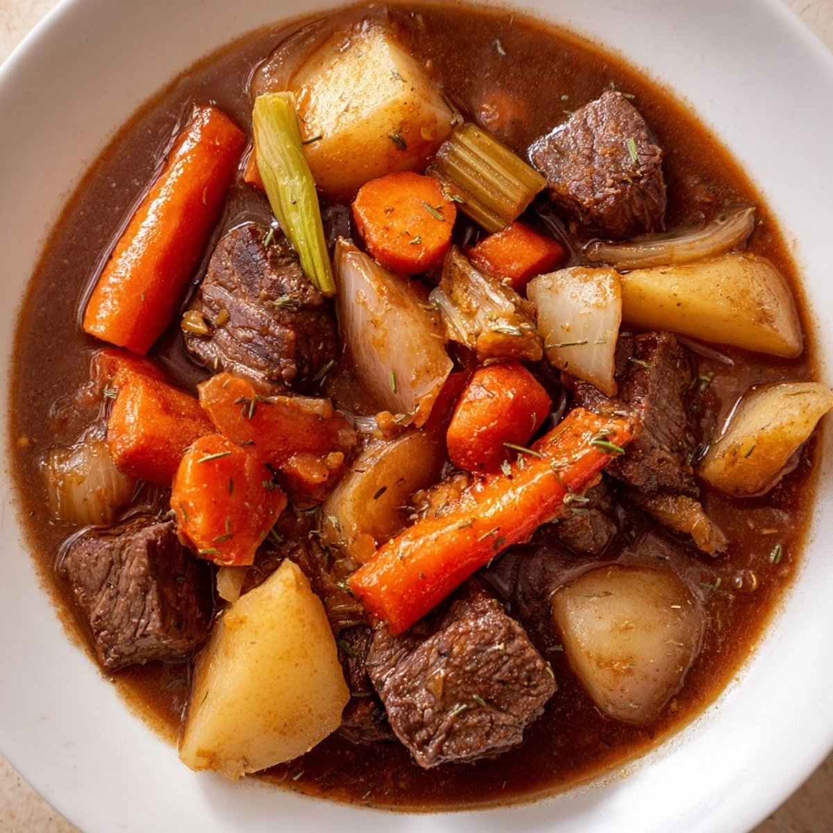 Savory Beef Stew with Root Vegetables steaming in a rustic bowl, tender beef chunks and glazed carrots peeking from a rich, glossy broth.