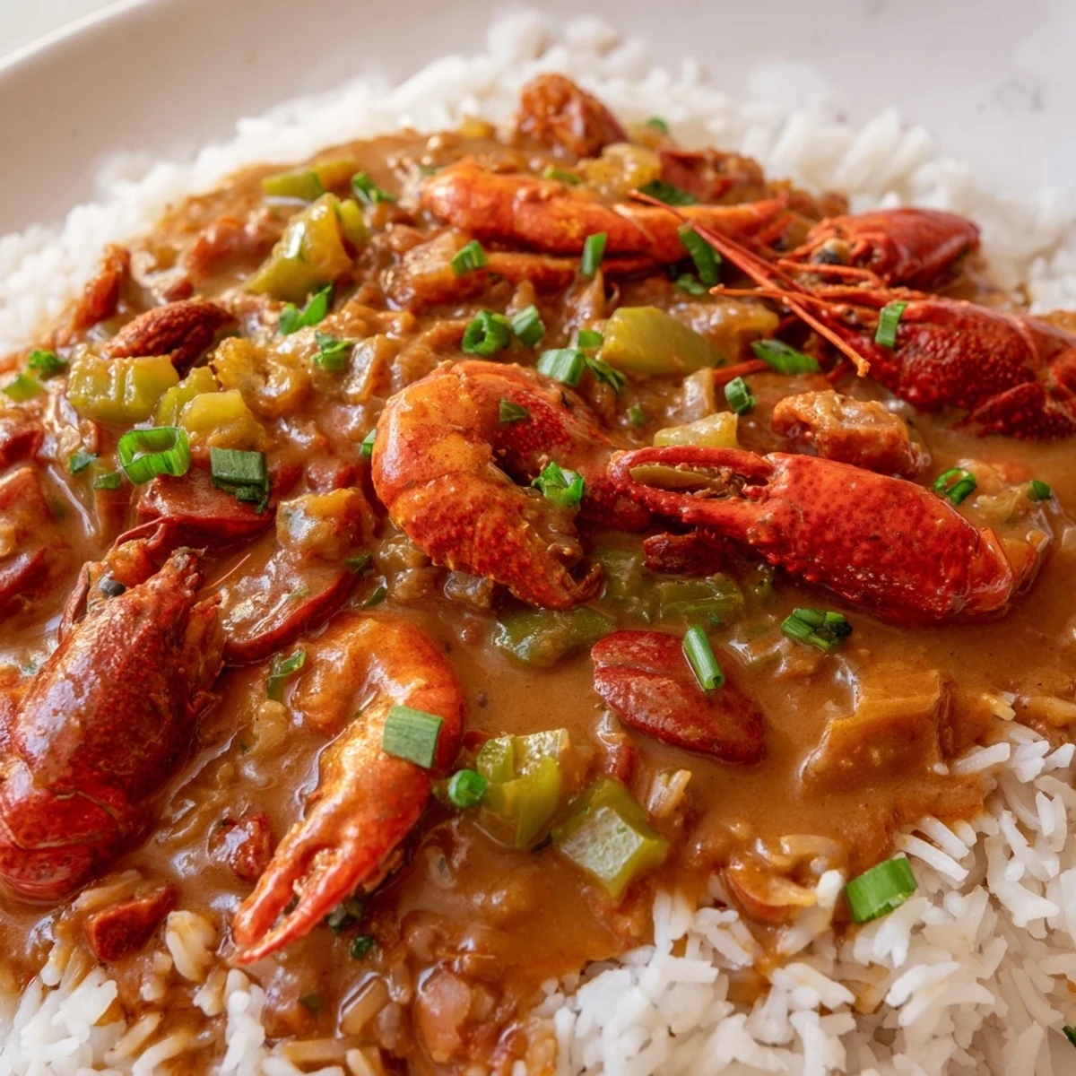 Crawfish Étouffée with Fluffy White Rice in a rustic bowl, topped with fresh parsley and green onions, steam rising.