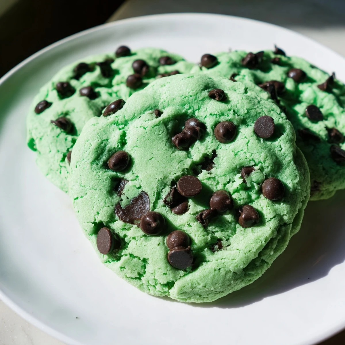 Freshly baked Mint Chocolate Chip Cookies with vibrant green dough and melty semi-sweet chocolate chips on a cooling rack.  