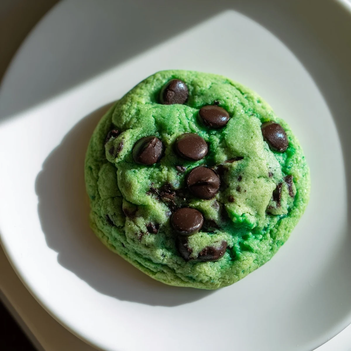 Vibrant green Mint Chocolate Chip Cookies with rich chocolate chunks, ideal for serving with a cold glass of milk.