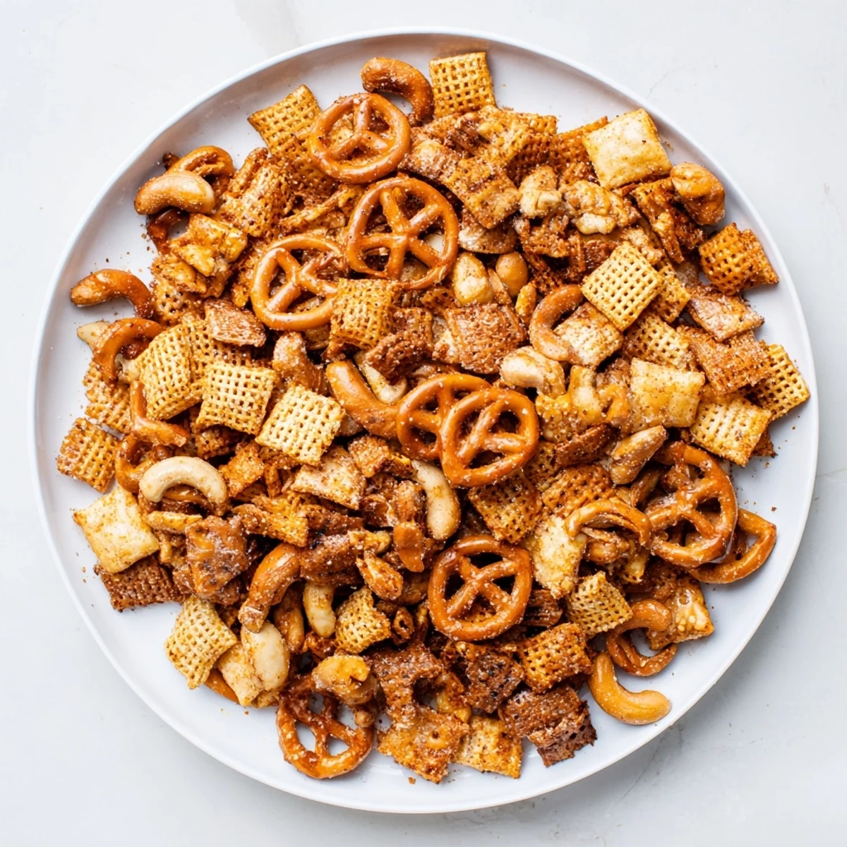 Golden-brown Super Bowl Snack Mix with nuts and pretzels, seasoned and baked for a perfectly crunchy game day treat.