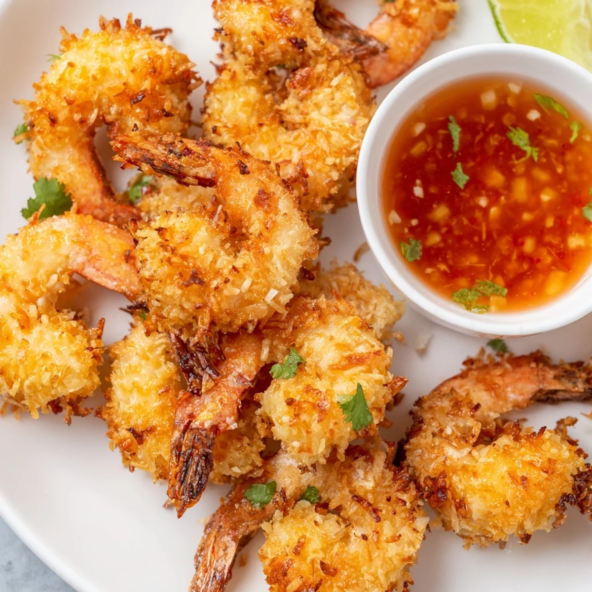 Golden, crispy Crispy Coconut Shrimp piled high and served with a spicy sweet chili dipping sauce.