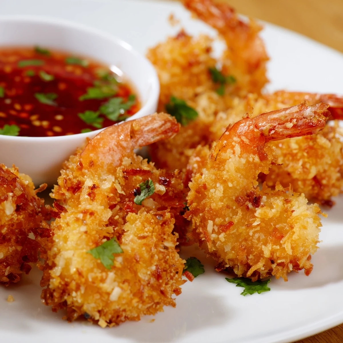 Crispy Coconut Shrimp with tails on, coated in toasted coconut and panko, garnished with fresh cilantro.