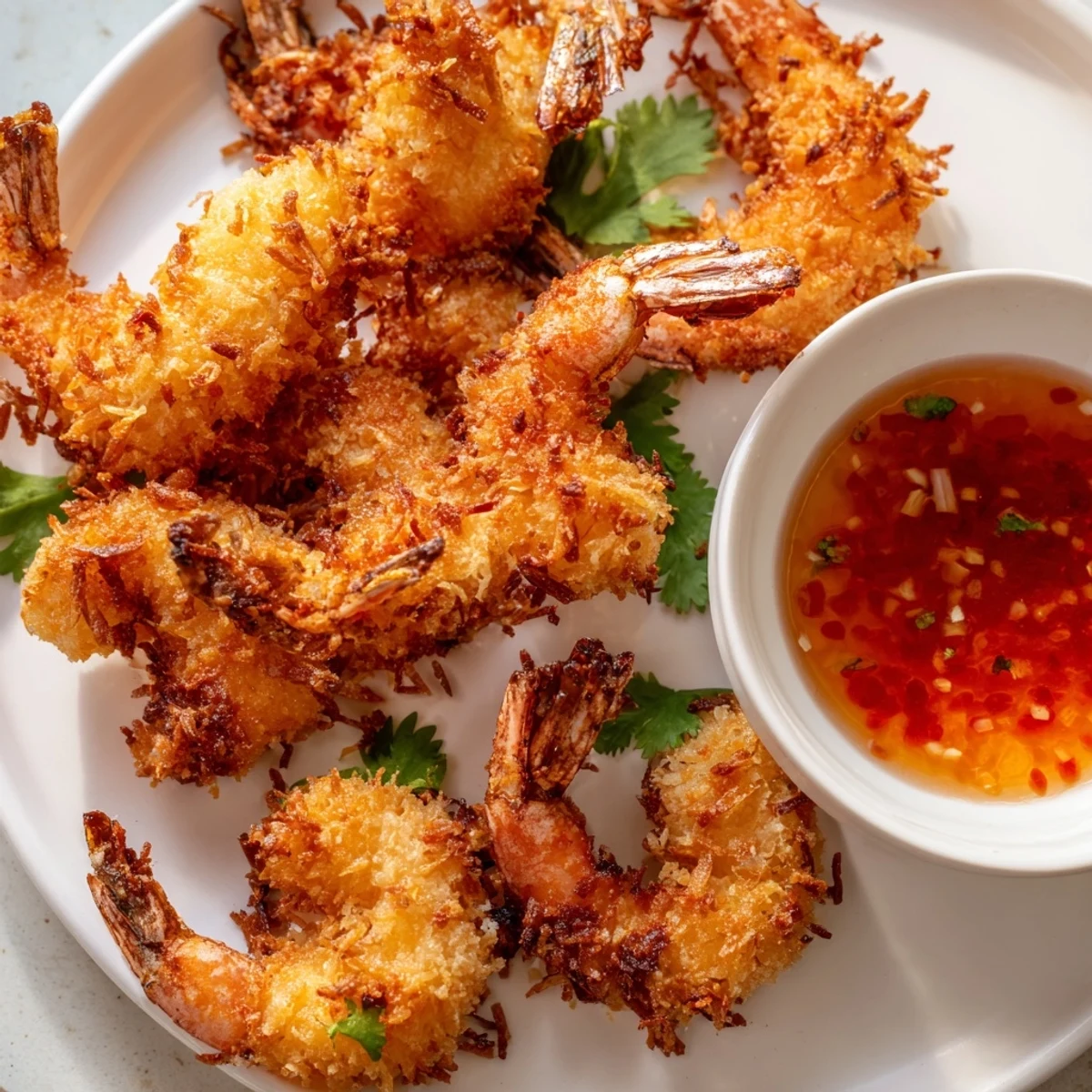 A platter of Crispy Coconut Shrimp with a small bowl of sweet chili sauce and lime wedges.