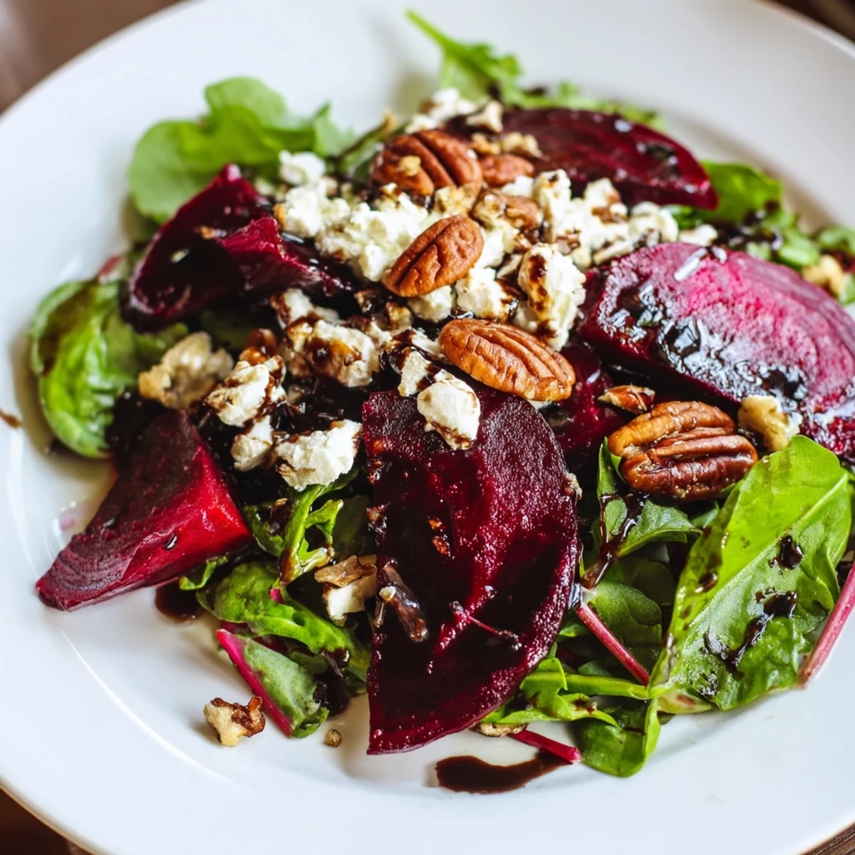 A close-up of a platter showing glistening roasted beets, toasted pecans, and tangy goat cheese, served as an elegant side salad.
