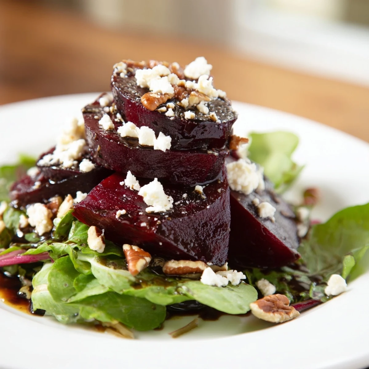 Bright, colorful Roasted Beet and Goat Cheese Salad with Pecans on a white plate, ready to serve with balsamic vinaigrette.