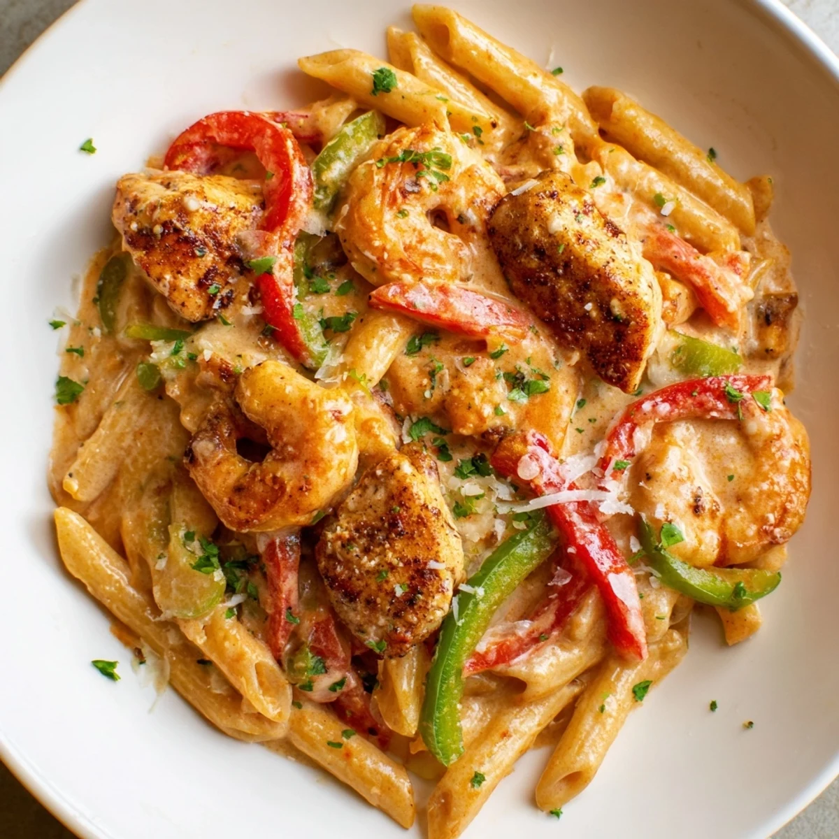 A close-up of jambalaya pasta featuring succulent shrimp, diced tomatoes, and green onions on a rustic plate.