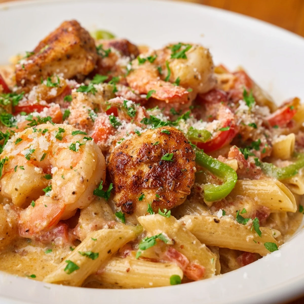 Creamy, spicy jambalaya pasta with tender chicken and shrimp, tossed with bell peppers in a rich Cajun sauce.