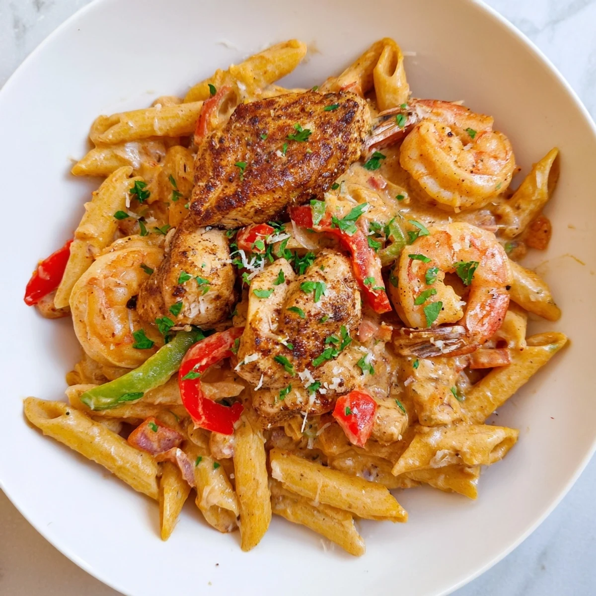 Sizzling jambalaya pasta with andouille sausage and chicken, served with a side of garlic bread and lemon wedges.