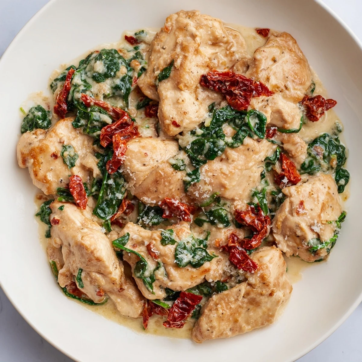 Sizzling golden chicken breasts rest in a creamy garlic sauce, studded with wilted spinach and tangy sundried tomatoes, garnished with fresh basil.