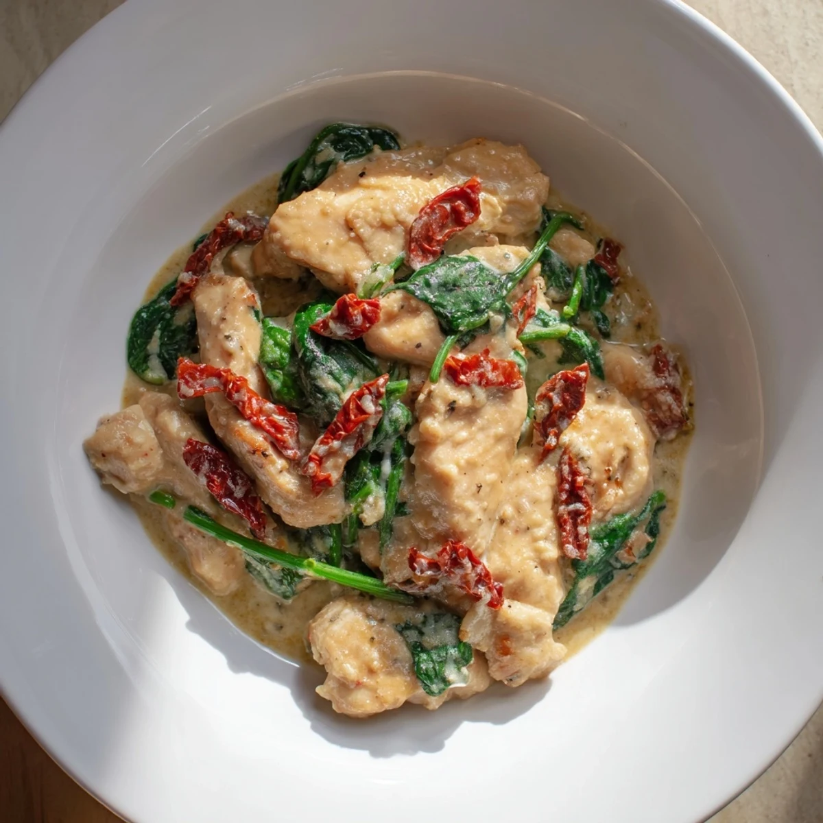 Overhead view of a skillet with tender Creamy Garlic Chicken, rich sauce pooling around spinach leaves and colorful sundried tomato pieces.