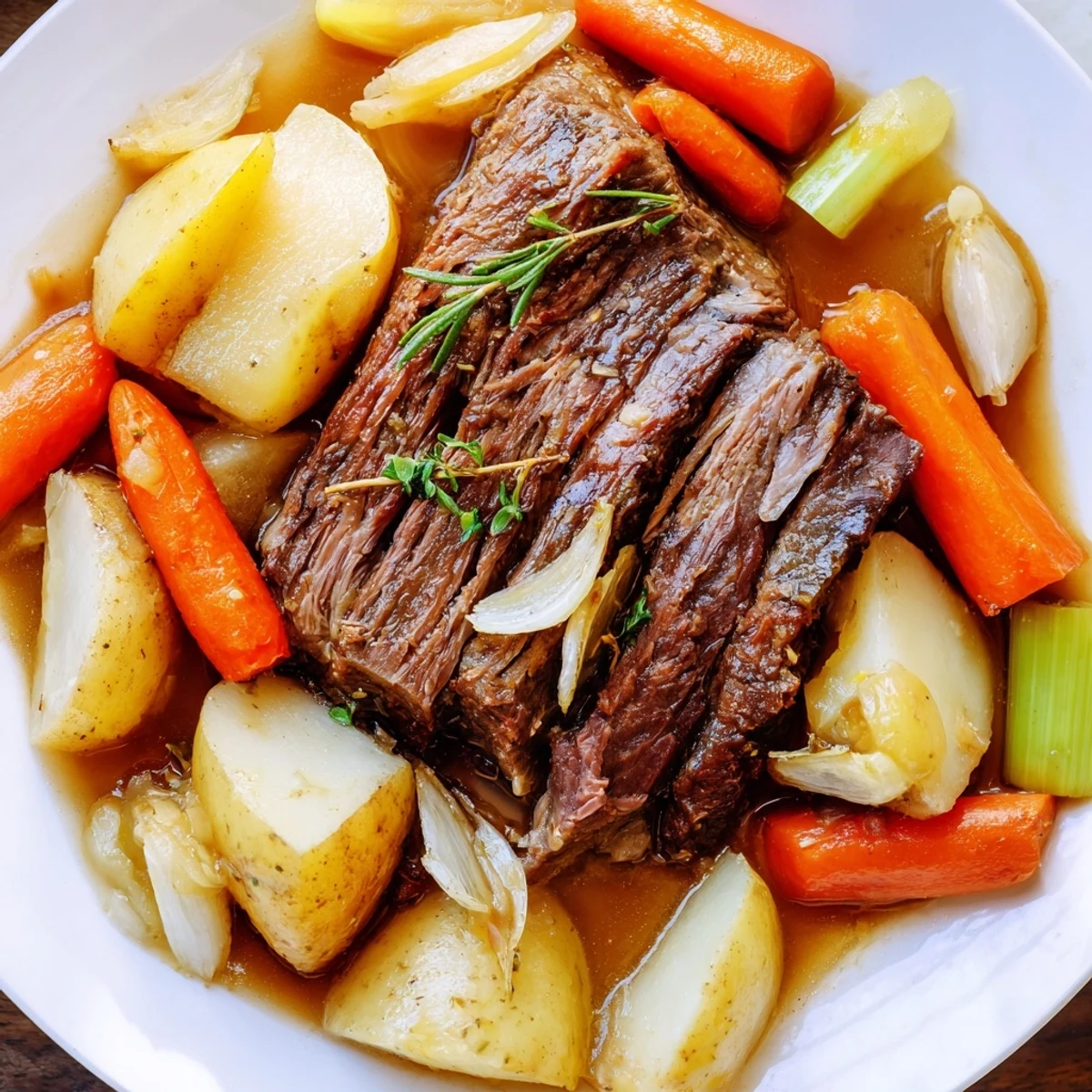 Tender slow cooker beef pot roast with carrots, potatoes, and parsnips in a savory herb broth.  