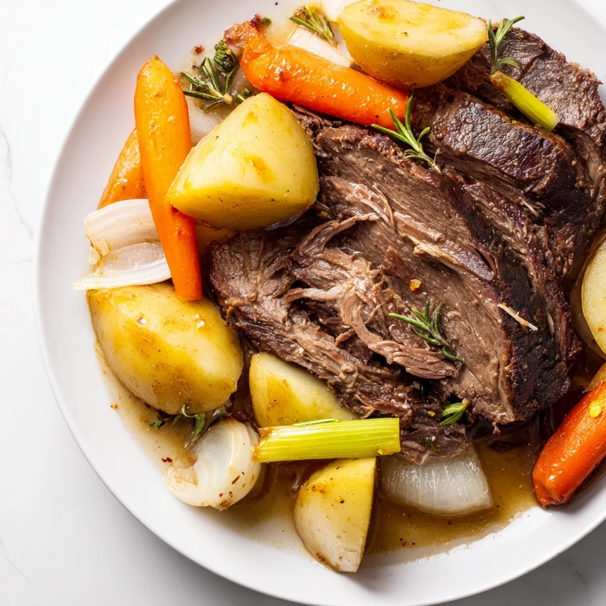 A close-up of shredded beef pot roast served with glazed root vegetables and a rich gravy.  