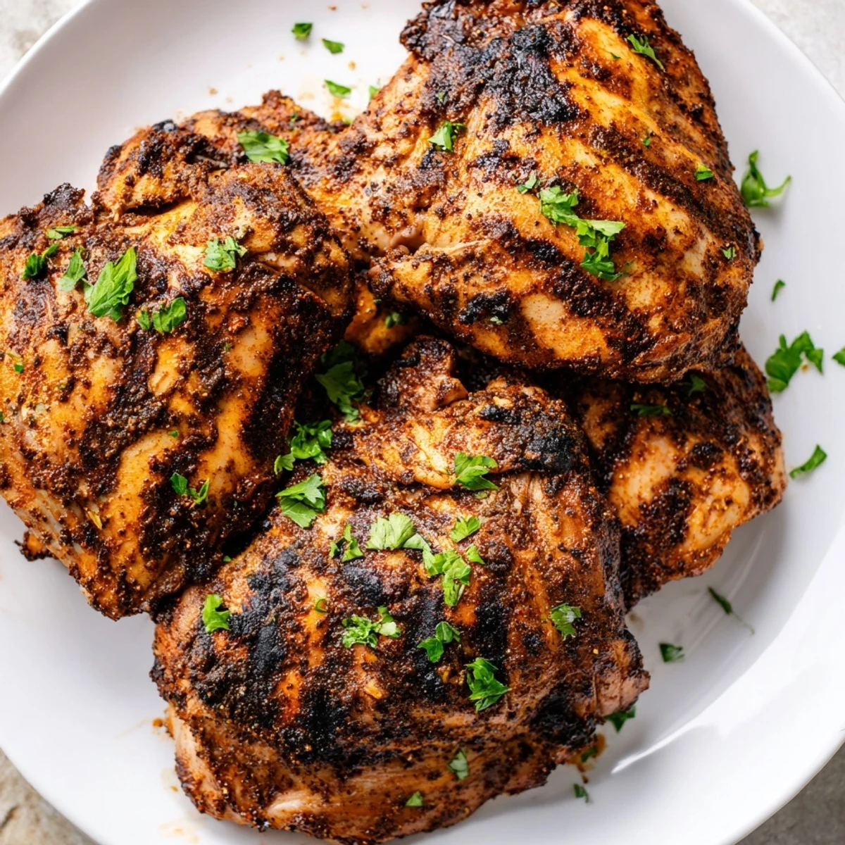 Golden-brown Cajun Spiced Grilled Chicken Thighs with a smoky char, resting on a platter next to fresh lemon wedges.