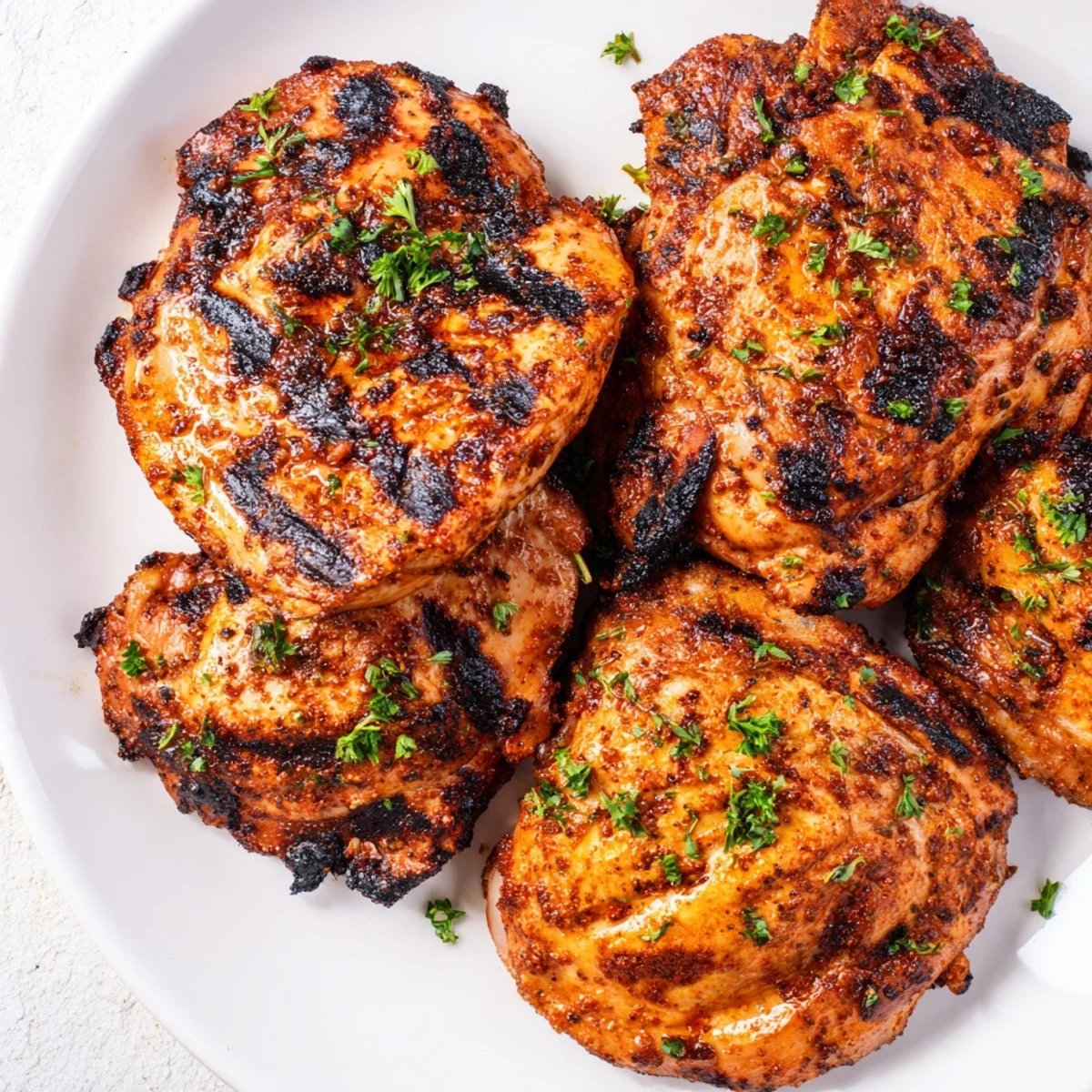 Juicy Cajun Spiced Grilled Chicken Thighs served with rice and corn, garnished with fresh parsley for a flavorful meal.