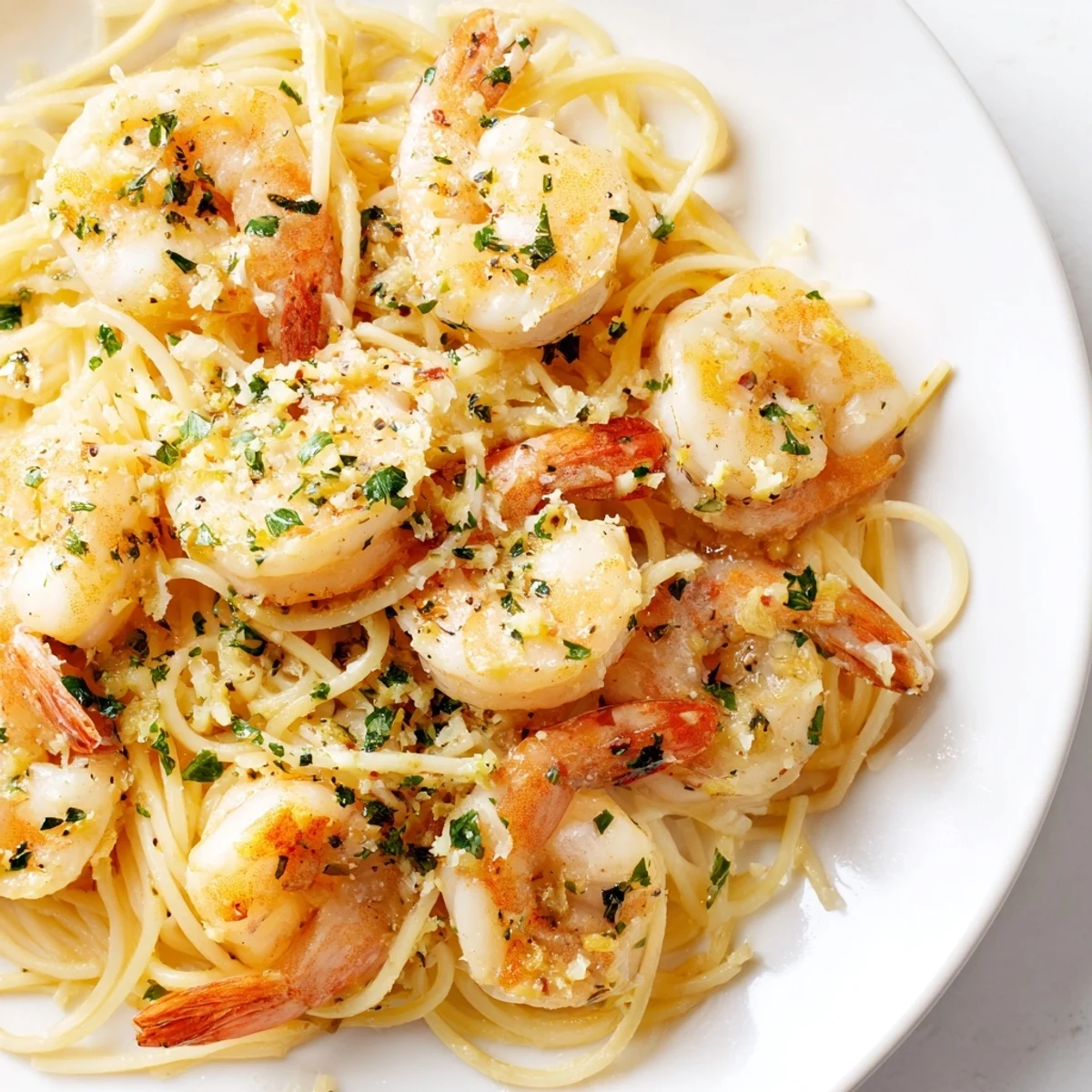 Golden-brown shrimp glistening in a lemon garlic butter sauce, tossed with al dente spaghetti in a skillet.  