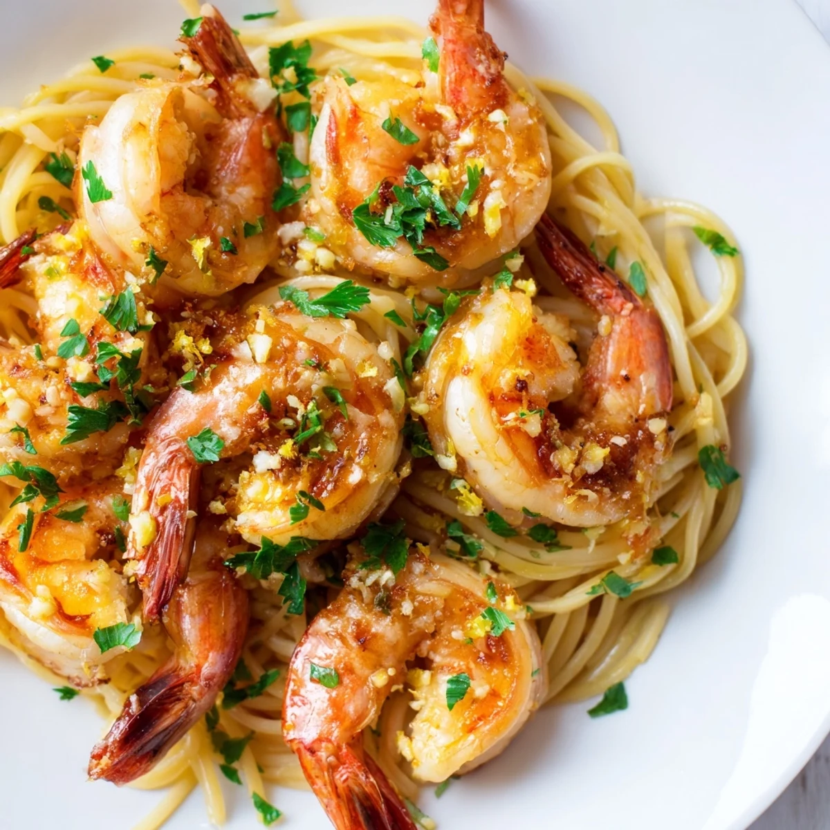 Lemon Garlic Butter Shrimp with Pasta garnished with fresh parsley and lemon wedges on a rustic plate.  