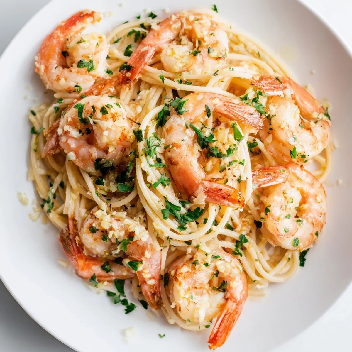 Close-up of Lemon Garlic Butter Shrimp with Pasta showing juicy shrimp and silky buttery sauce clinging to noodles.